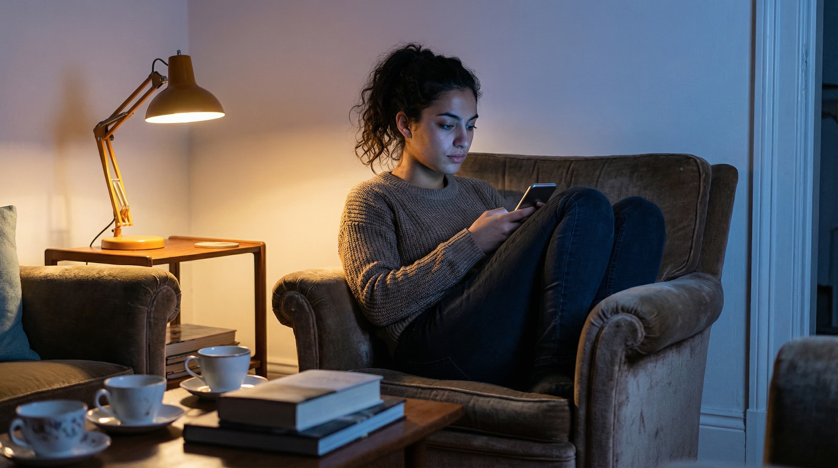 A woman sitting alone at night, looking at her phone, considering reaching out for support